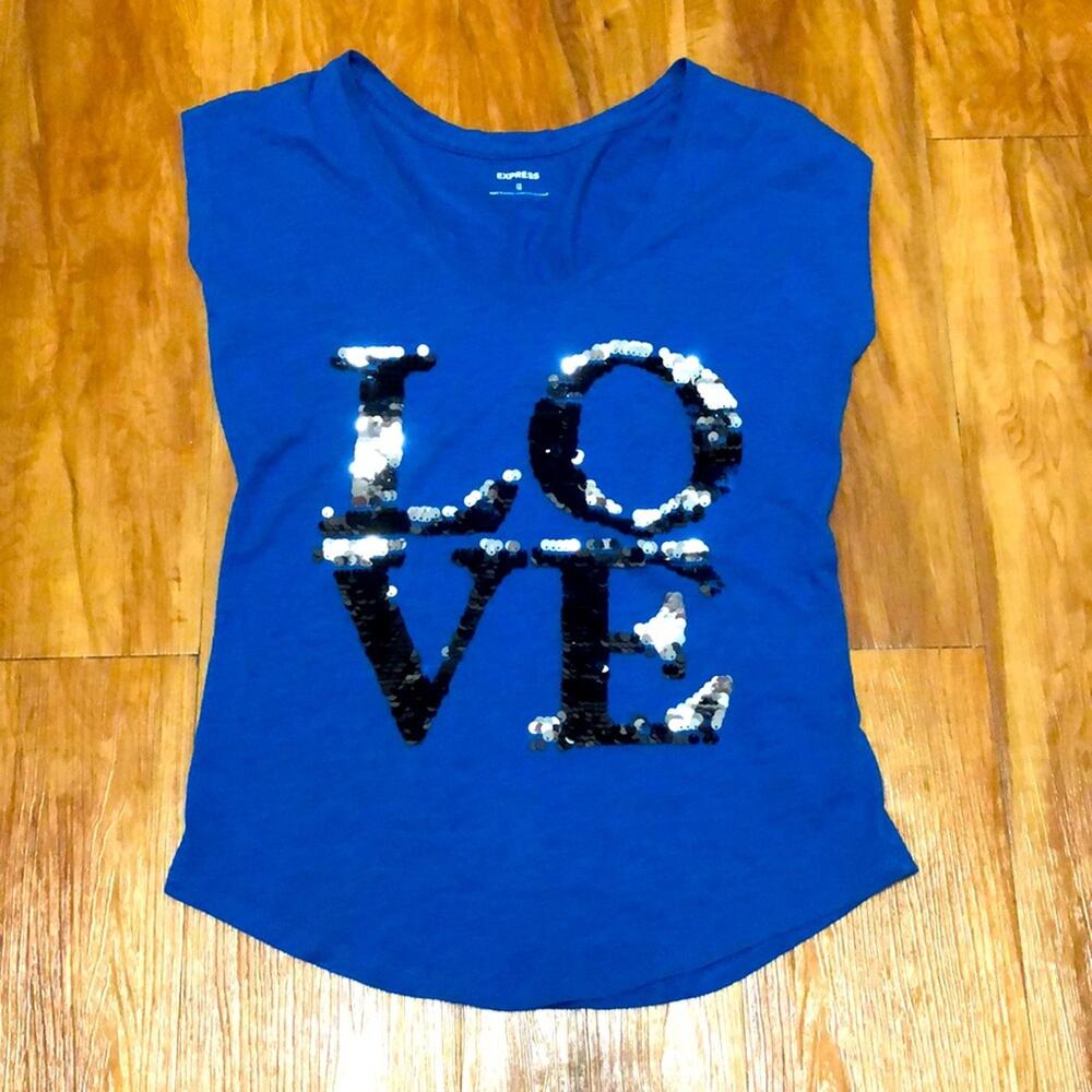 Express Blue Love Sequin Graphic Tee Size XS